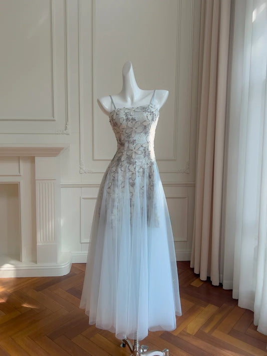 Glittering Sequins Floral Blue Prom Dress Spaghetti Straps A-Line Evening Dress GG5911