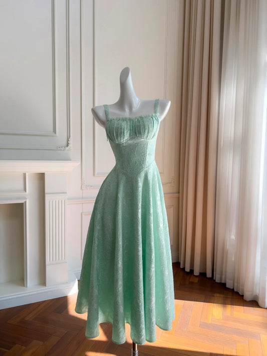 Trendy Textured Floral Mint Green Prom Dress Spaghetti Straps A-Line Evening Dress GG5912