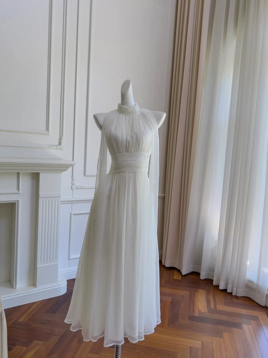 Amazing Halter Neck White Prom Dress Tulle A-Line Evening Dress GG5913