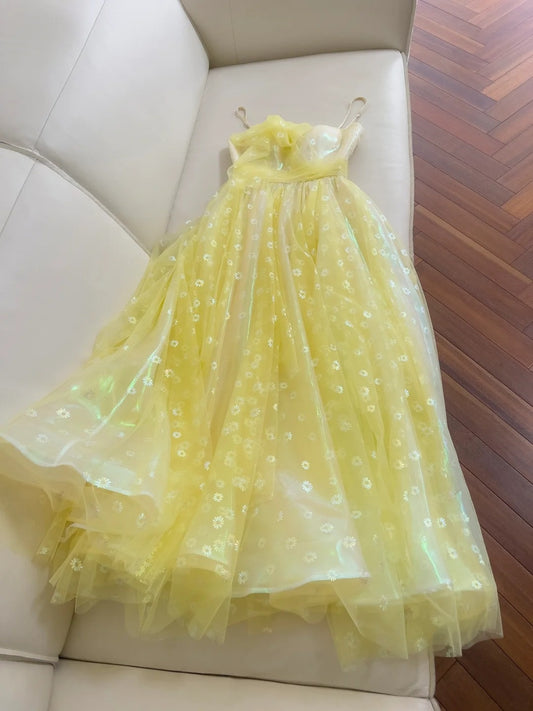 Adorable Floral Yellow Prom Dress Spaghetti Straps A-Line Tulle Evening Dress GG5915