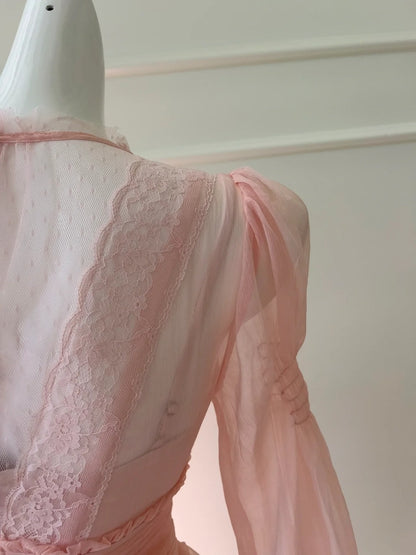 Trendy Pink Prom Dress Long Sleeve Lace A-Line Evening Dress GG5918