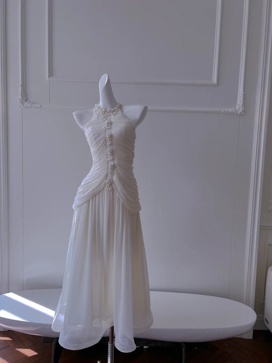 Elegant Halter Neck White Prom Dress Beads Sequins A-Line Evening Dress GG5919