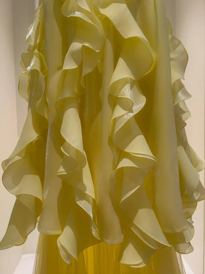 Charming Spaghetti Straps Yellow Prom Dress Ruffles Tulle Beaded A-Line Evening Dress GG5920