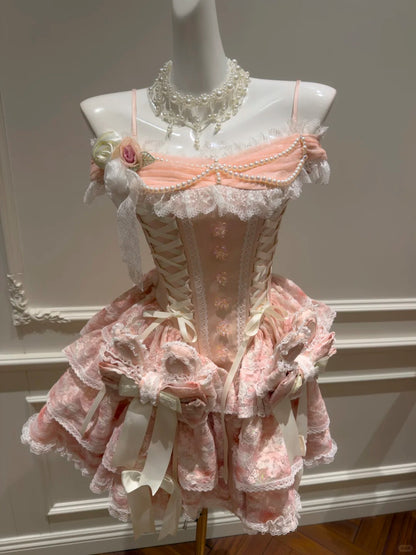 Sweet Off-the-Shoulder Pink Homecoming Dress Lace Tiered Birthday Dress GG5921