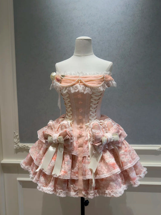 Sweet Off-the-Shoulder Pink Homecoming Dress Lace Tiered Birthday Dress GG5921