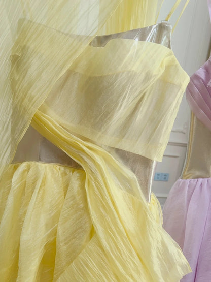 Elegant Spaghetti Straps Yellow Prom Dress Tulle A-Line Evening Dress GG5923