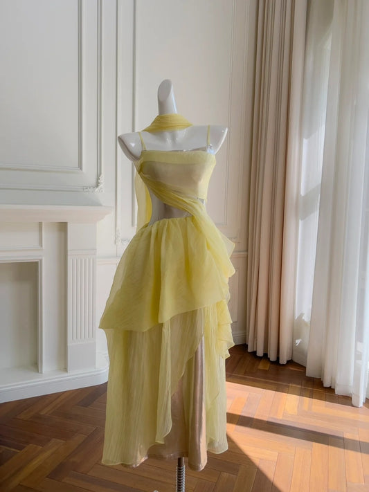 Elegant Spaghetti Straps Yellow Prom Dress Tulle A-Line Evening Dress GG5923