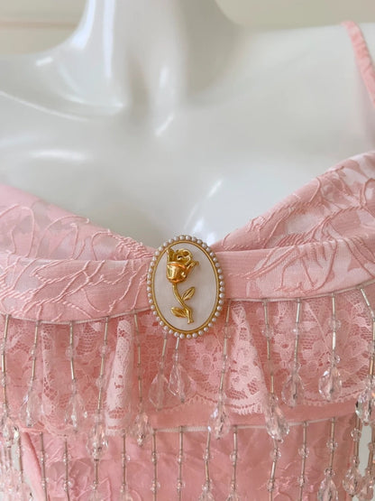 Dreamy Spaghetti Straps Pink Homecoming Dress Lace Sequins Ruffles Birthday Dress GG5924