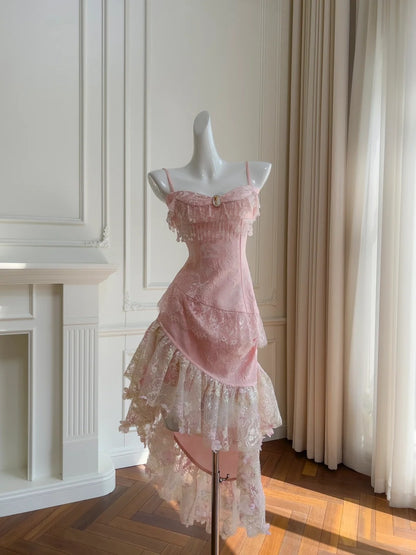 Dreamy Spaghetti Straps Pink Homecoming Dress Lace Sequins Ruffles Birthday Dress GG5924