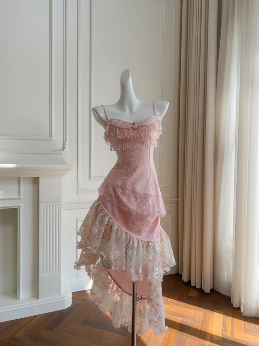 Dreamy Spaghetti Straps Pink Homecoming Dress Lace Sequins Ruffles Birthday Dress GG5924