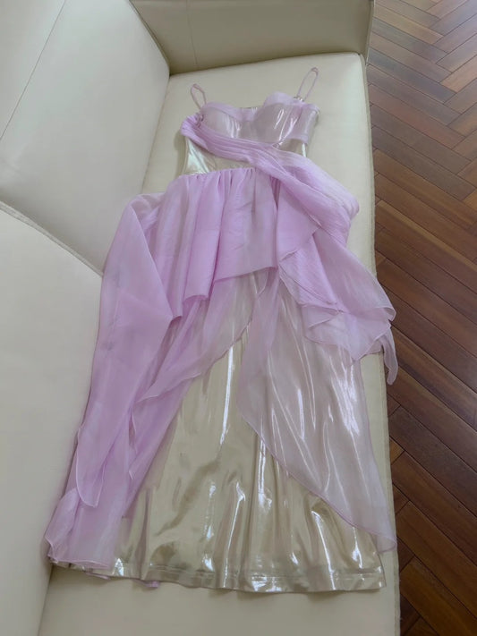 Lustrous Spaghetti Straps Purple Prom Dress Tulle A-Line Evening Dress GG5926
