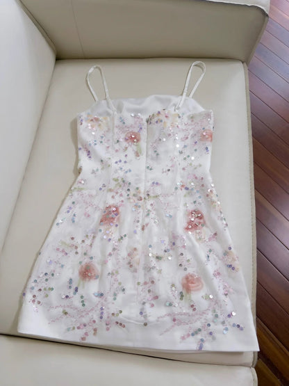 Sweet Spaghetti Straps Floral Homecoming Dress Sequins Sheath Birthday Dress GG5928