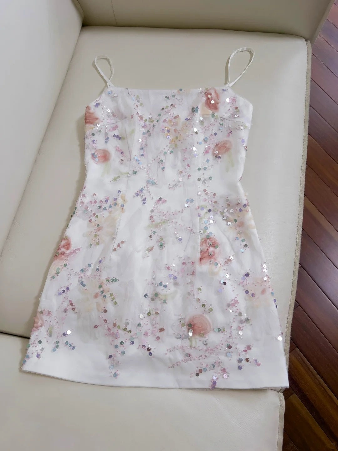 Sweet Spaghetti Straps Floral Homecoming Dress Sequins Sheath Birthday Dress GG5928