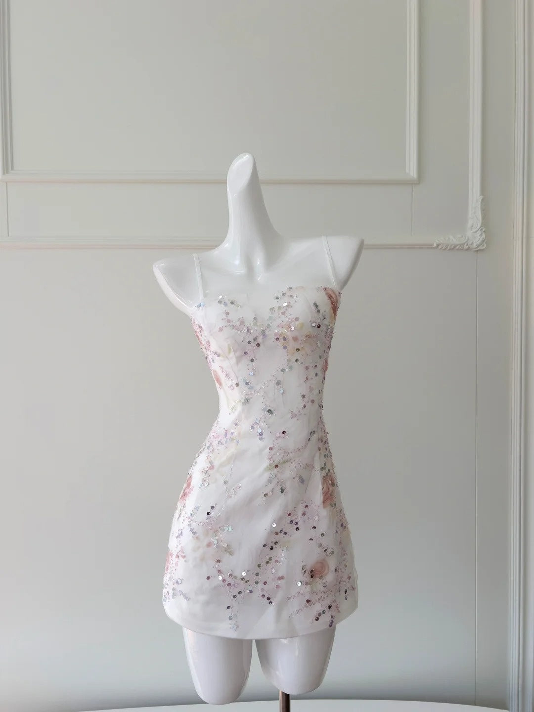 Sweet Spaghetti Straps Floral Homecoming Dress Sequins Sheath Birthday Dress GG5928