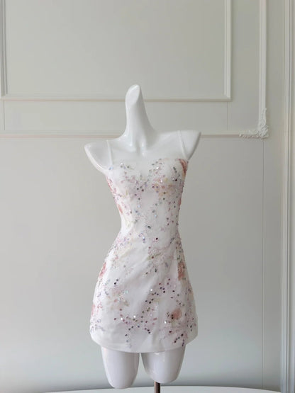 Sweet Spaghetti Straps Floral Homecoming Dress Sequins Sheath Birthday Dress GG5928