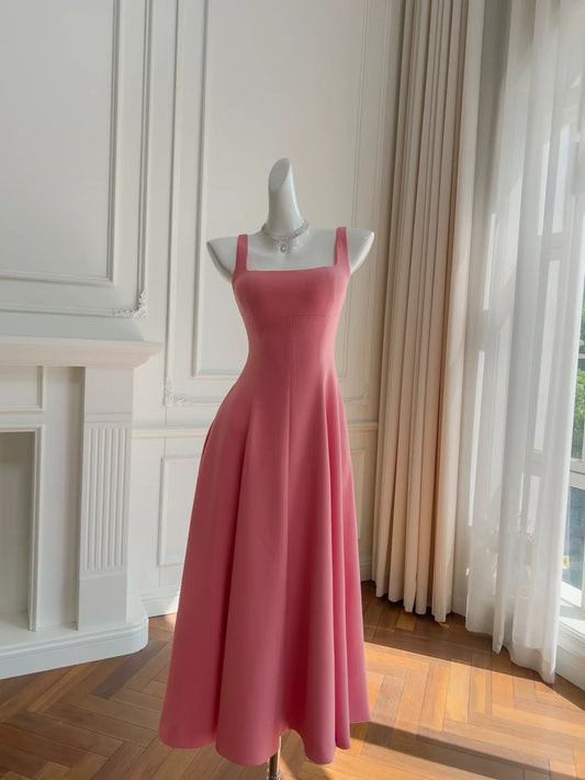 Sleek Square Neck Pink Prom Dress A-Line Evening Dress GG5930