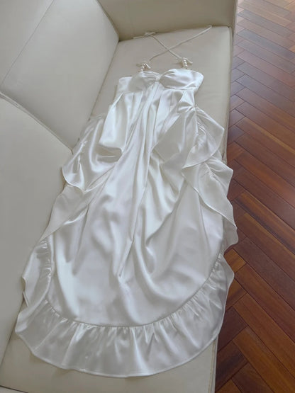 Elegant Halter Neck Pearl White Prom Dress Ruffles A-Line Evening Dress GG5931