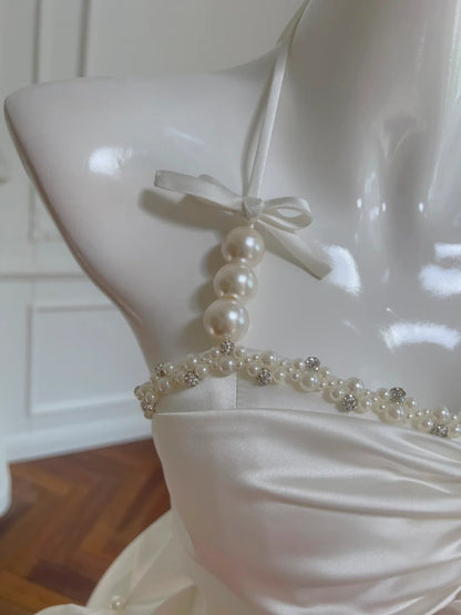 Elegant Halter Neck Pearl White Prom Dress Ruffles A-Line Evening Dress GG5931