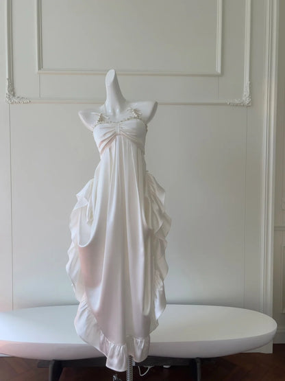 Elegant Halter Neck Pearl White Prom Dress Ruffles A-Line Evening Dress GG5931