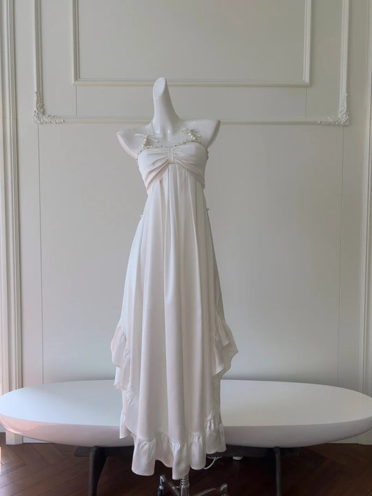 Elegant Halter Neck Pearl White Prom Dress Ruffles A-Line Evening Dress GG5931