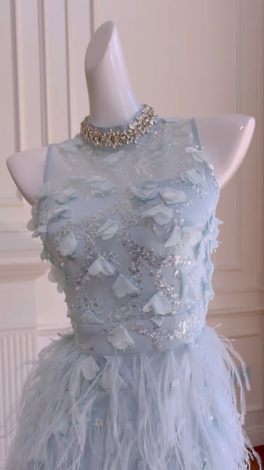 Charming Beaded Blue Homecoming Dress Sequins Feather Sheath Birthday Dress GG5932