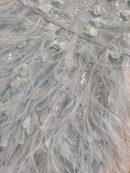 Charming Beaded Blue Homecoming Dress Sequins Feather Sheath Birthday Dress GG5932