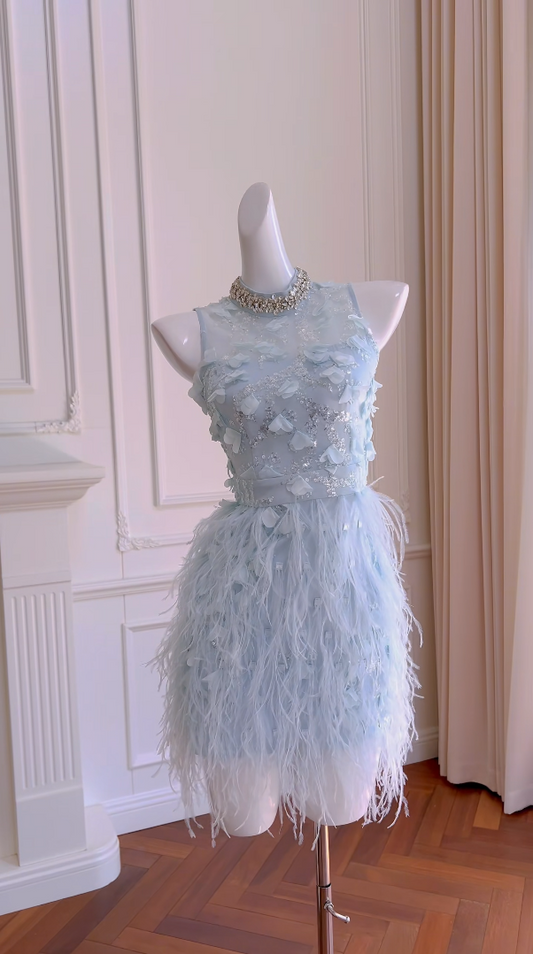 Charming Beaded Blue Homecoming Dress Sequins Feather Sheath Birthday Dress GG5932