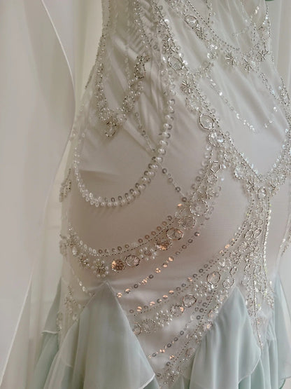 Luxury Spaghetti Straps Green Prom Dress Sequins Ruffles Mermaid Evening Dress GG5935