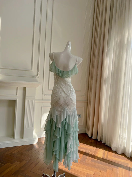 Luxury Spaghetti Straps Green Prom Dress Sequins Ruffles Mermaid Evening Dress GG5935