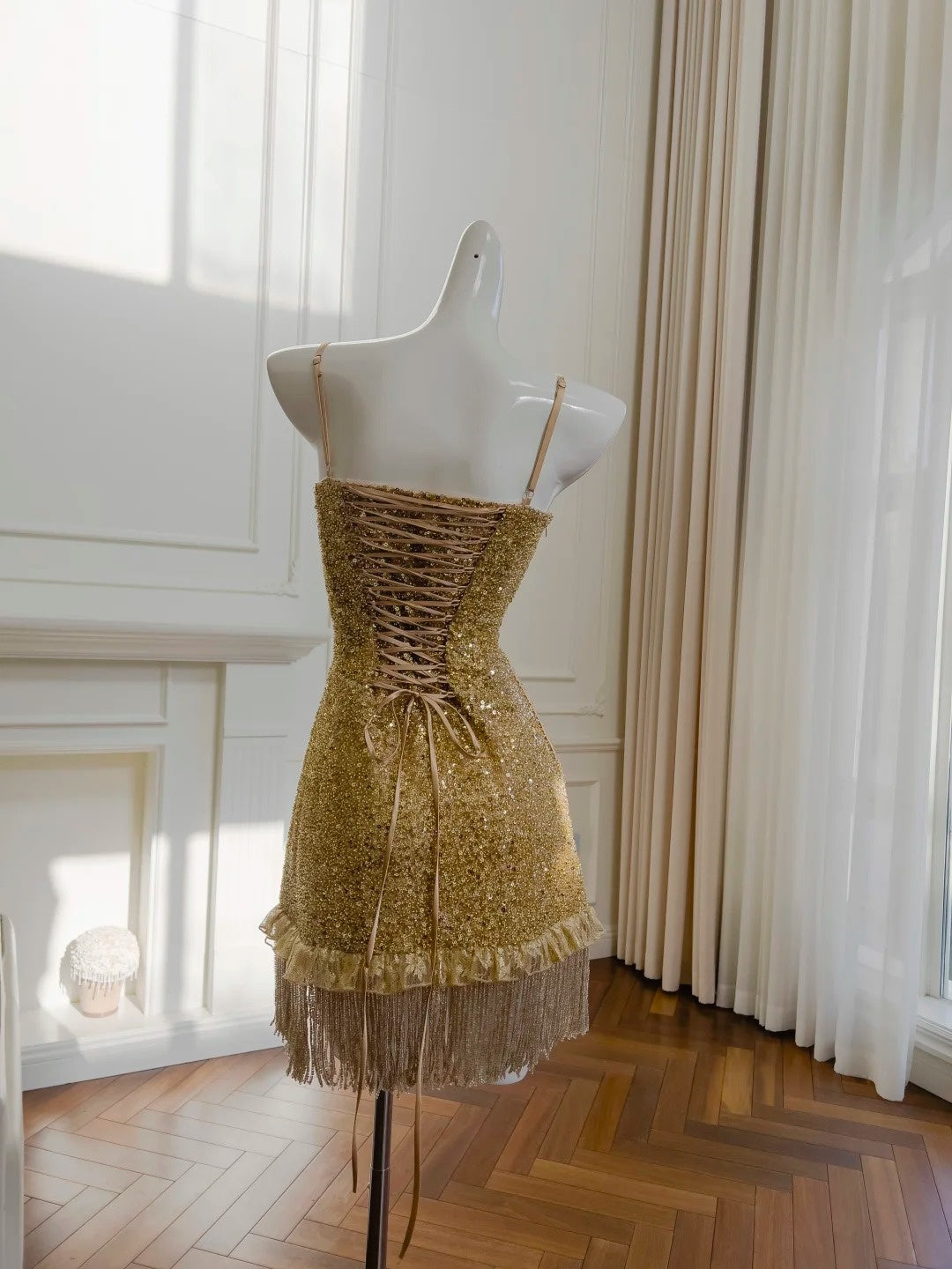 Luxurious Spaghetti Straps Gold Homecoming Dress Sequins Tassel A-Line Birthday Dress GG5938