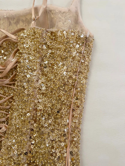 Luxurious Spaghetti Straps Gold Homecoming Dress Sequins Tassel A-Line Birthday Dress GG5938