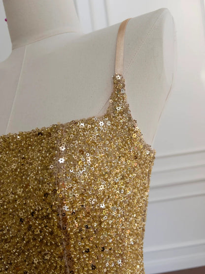 Luxurious Spaghetti Straps Gold Homecoming Dress Sequins Tassel A-Line Birthday Dress GG5938