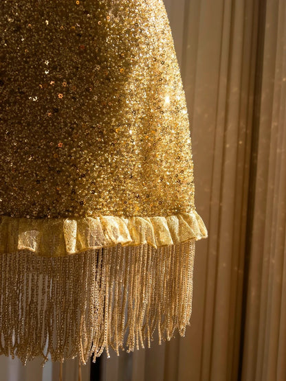 Luxurious Spaghetti Straps Gold Homecoming Dress Sequins Tassel A-Line Birthday Dress GG5938