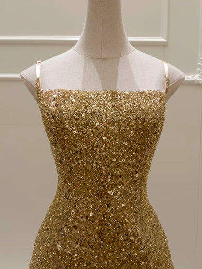 Luxurious Spaghetti Straps Gold Homecoming Dress Sequins Tassel A-Line Birthday Dress GG5938