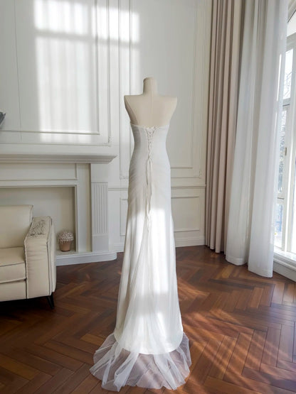 Simple Mermaid Long Wedding Dress, Pleated Tulle Bridal Dress GG5939
