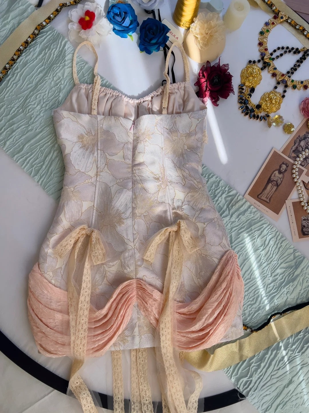 Adorable Spaghetti Straps Floral Homecoming Dress Bows Ruffles Sheath Birthday Dress GG5940