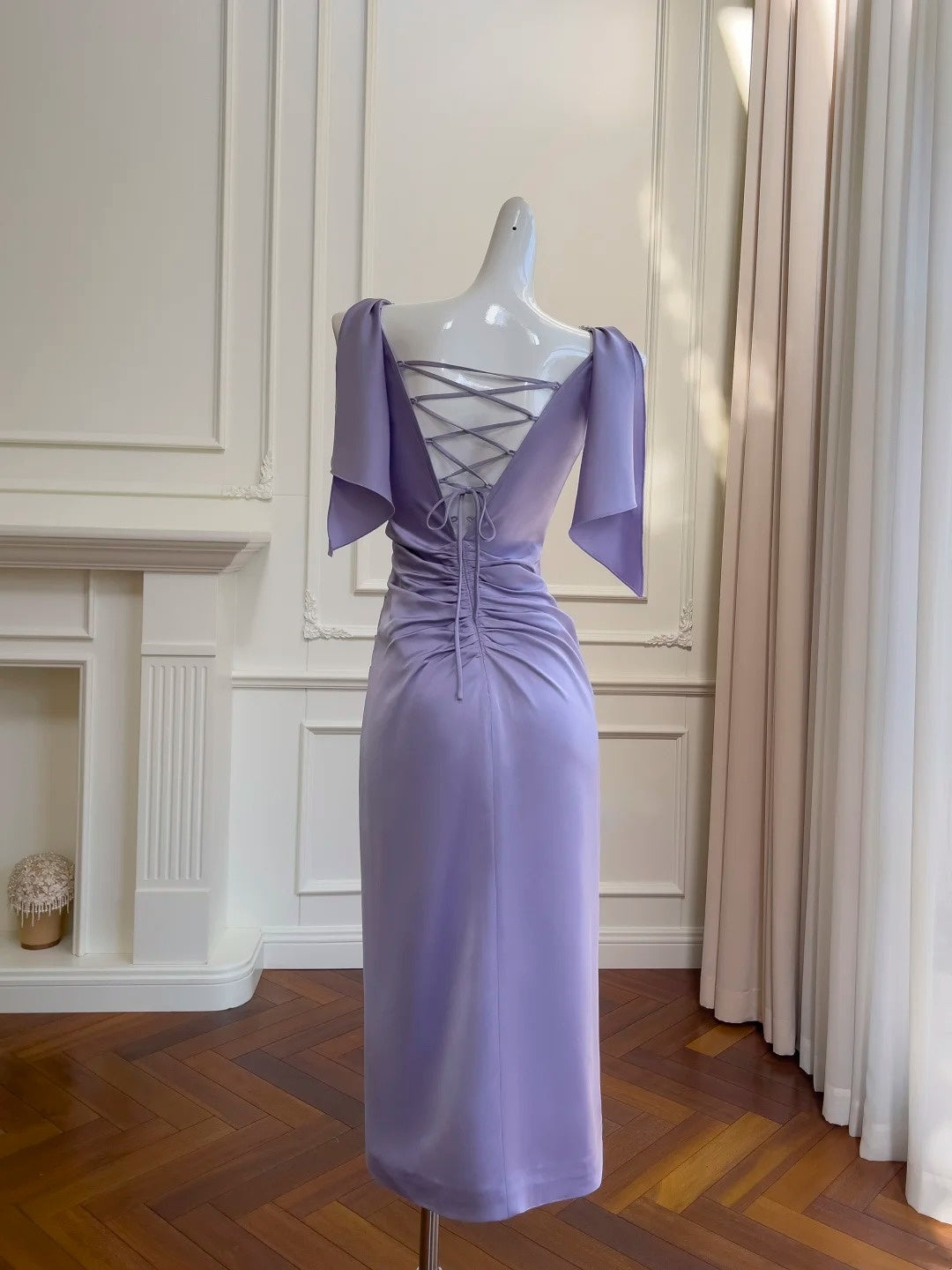 Charming Spaghetti Straps Purple Prom Dress Beading Lace Appliques Sheath Midi Evening Dress GG5941