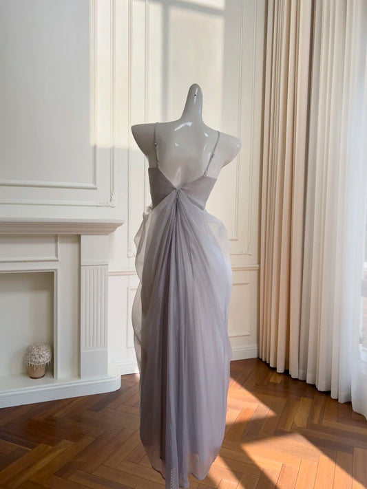Simple Spaghetti Straps Purple Prom Dress Tulle Sheath Evening Dress GG5943