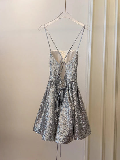 Glittering Halter Neck Silver Homecoming Dress Sequins A-Line Birthday Dress GG5944