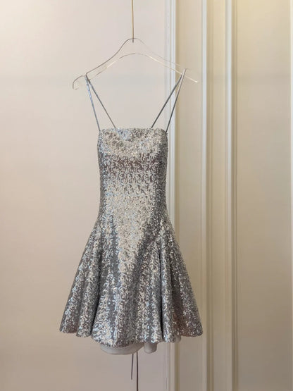 Glittering Halter Neck Silver Homecoming Dress Sequins A-Line Birthday Dress GG5944