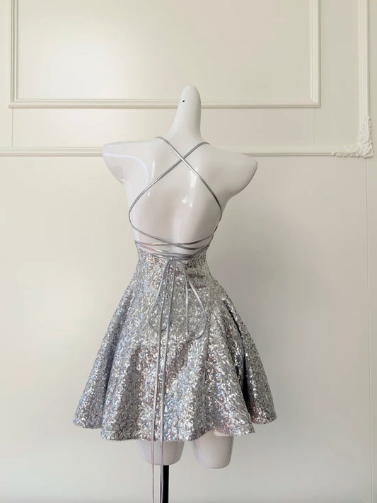 Glittering Halter Neck Silver Homecoming Dress Sequins A-Line Birthday Dress GG5944