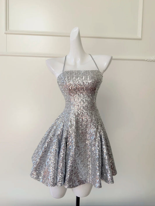 Glittering Halter Neck Silver Homecoming Dress Sequins A-Line Birthday Dress GG5944