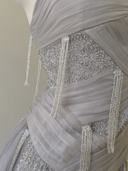 Sparkling Spaghetti Straps Light Purple Prom Dress Sequins Tassel A-Line Evening Dress GG5945