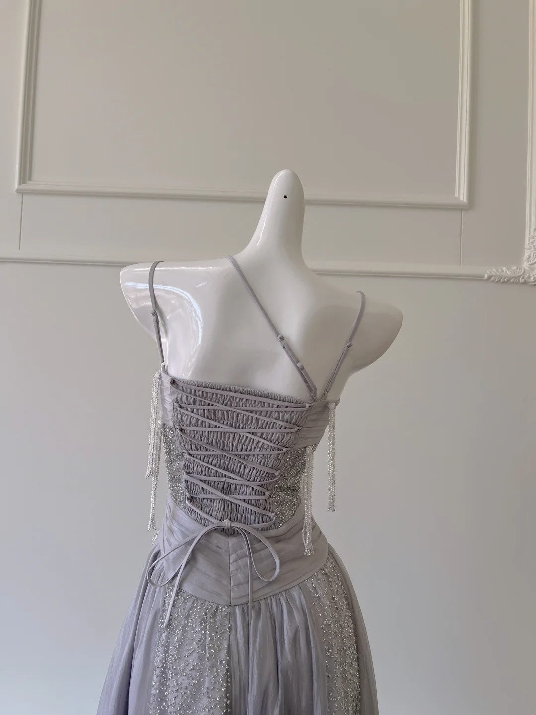 Sparkling Spaghetti Straps Light Purple Prom Dress Sequins Tassel A-Line Evening Dress GG5945