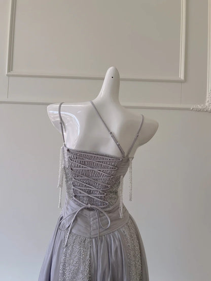 Sparkling Spaghetti Straps Light Purple Prom Dress Sequins Tassel A-Line Evening Dress GG5945