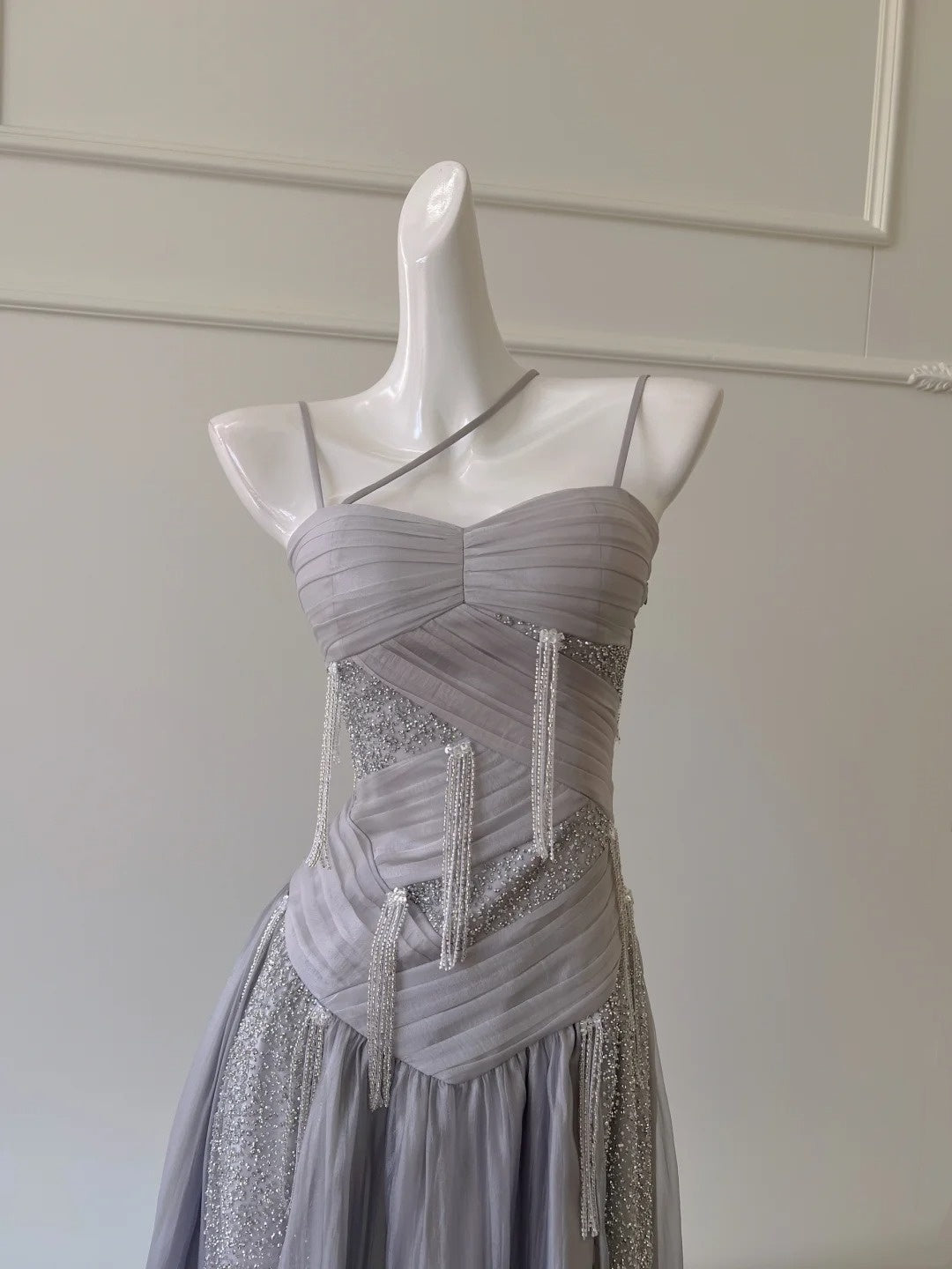 Sparkling Spaghetti Straps Light Purple Prom Dress Sequins Tassel A-Line Evening Dress GG5945