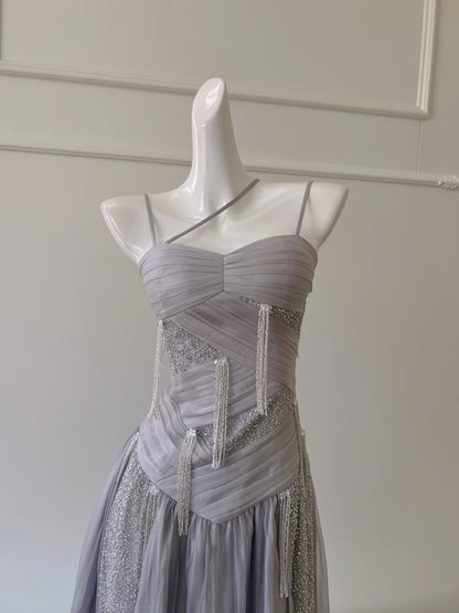 Sparkling Spaghetti Straps Light Purple Prom Dress Sequins Tassel A-Line Evening Dress GG5945