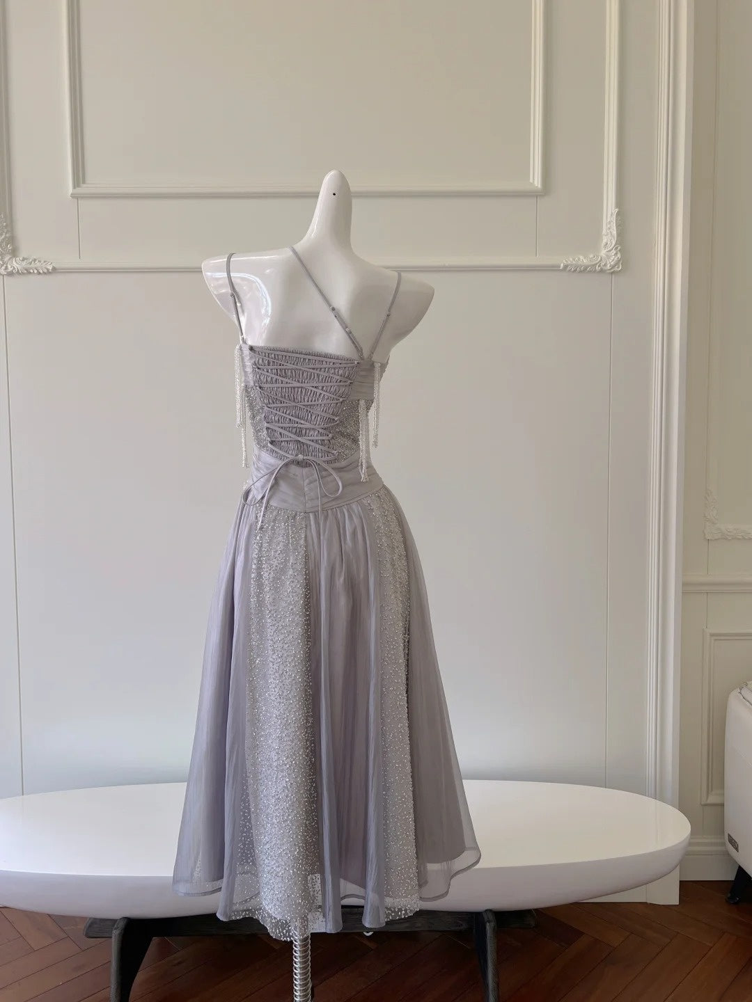 Sparkling Spaghetti Straps Light Purple Prom Dress Sequins Tassel A-Line Evening Dress GG5945
