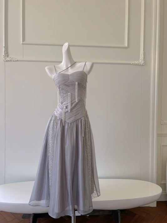 Sparkling Spaghetti Straps Light Purple Prom Dress Sequins Tassel A-Line Evening Dress GG5945