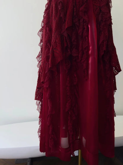 Alluring Halter Neck Burgundy Prom Dress Ruffles Lace A-Line Evening Dress GG5947